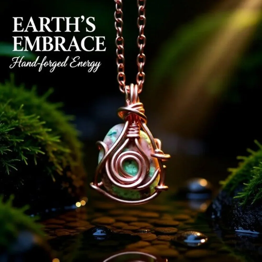 Reversible! Copper Wire Wrap Green Jasper Pendant + 21" Figaro Chain - Handmade - Picture 3 of 14